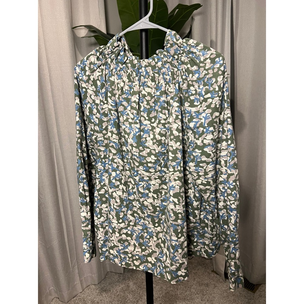 MIRTH Handmade Collection Womens Green Blue Abstract Floral Smocked Blouse Large